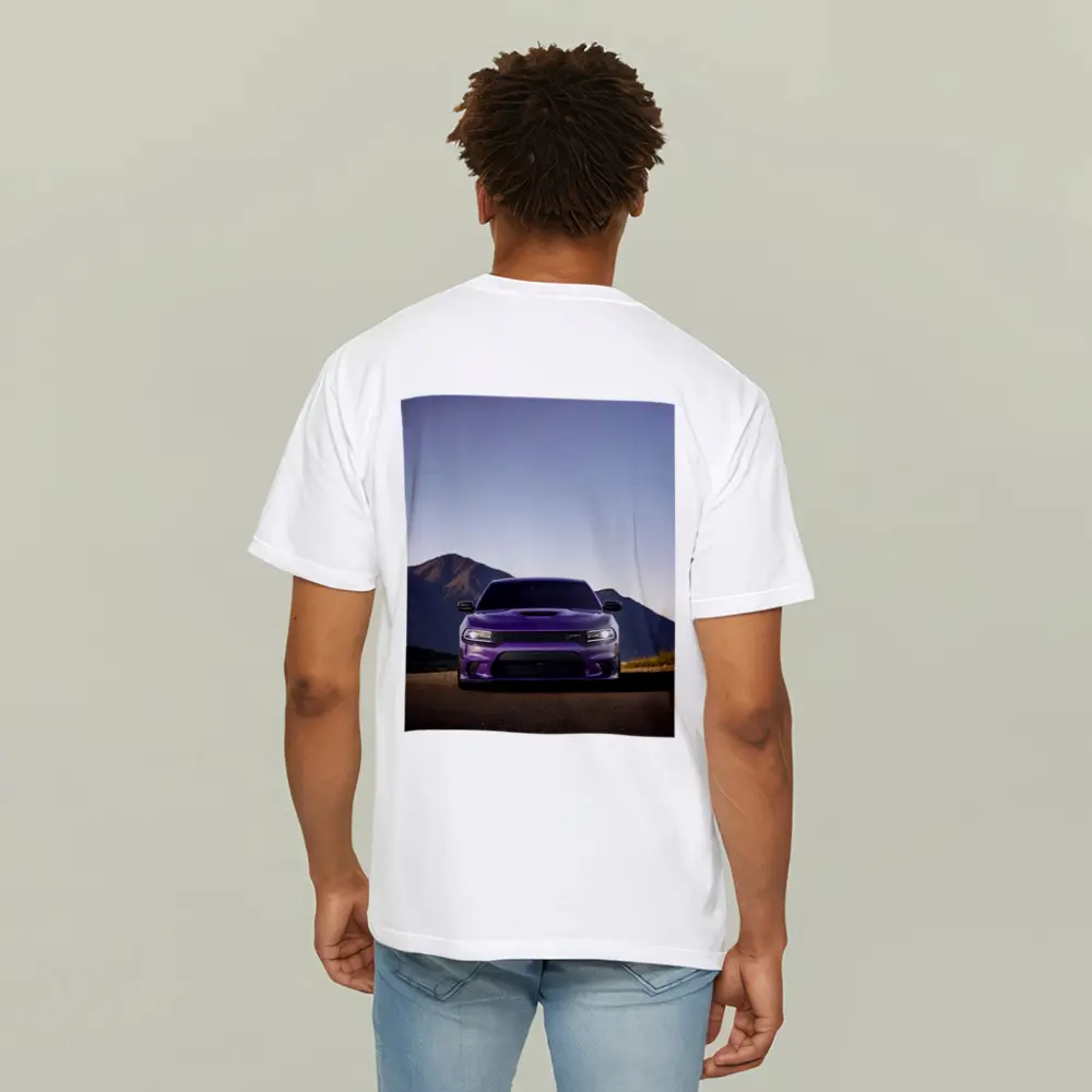 Dodge Charger Purple Front View Mountain Road – T-Shirts