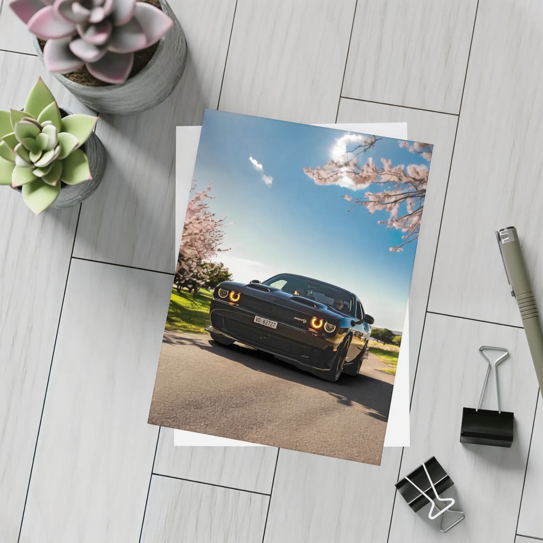 Black Dodge Challenger SRT Cherry Blossom Setting – Postcards