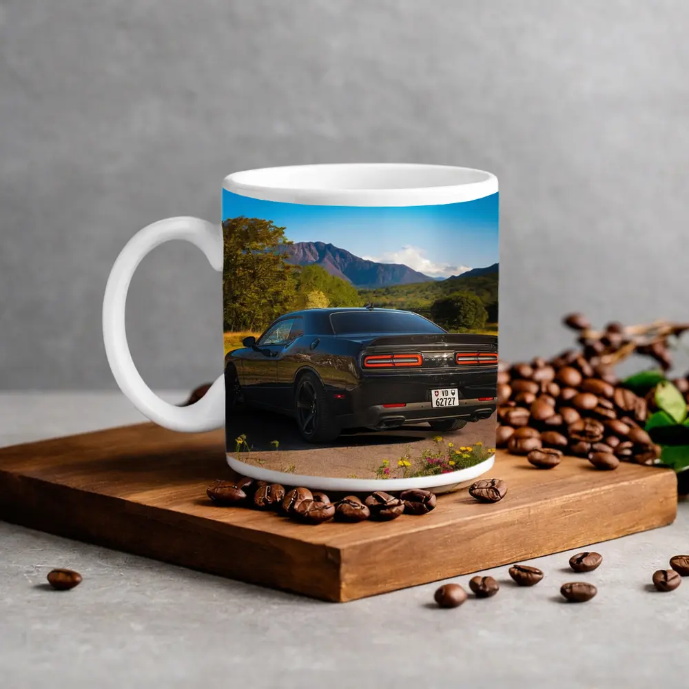 Dodge Challenger Black Rear Mountain Landscape – Mugs