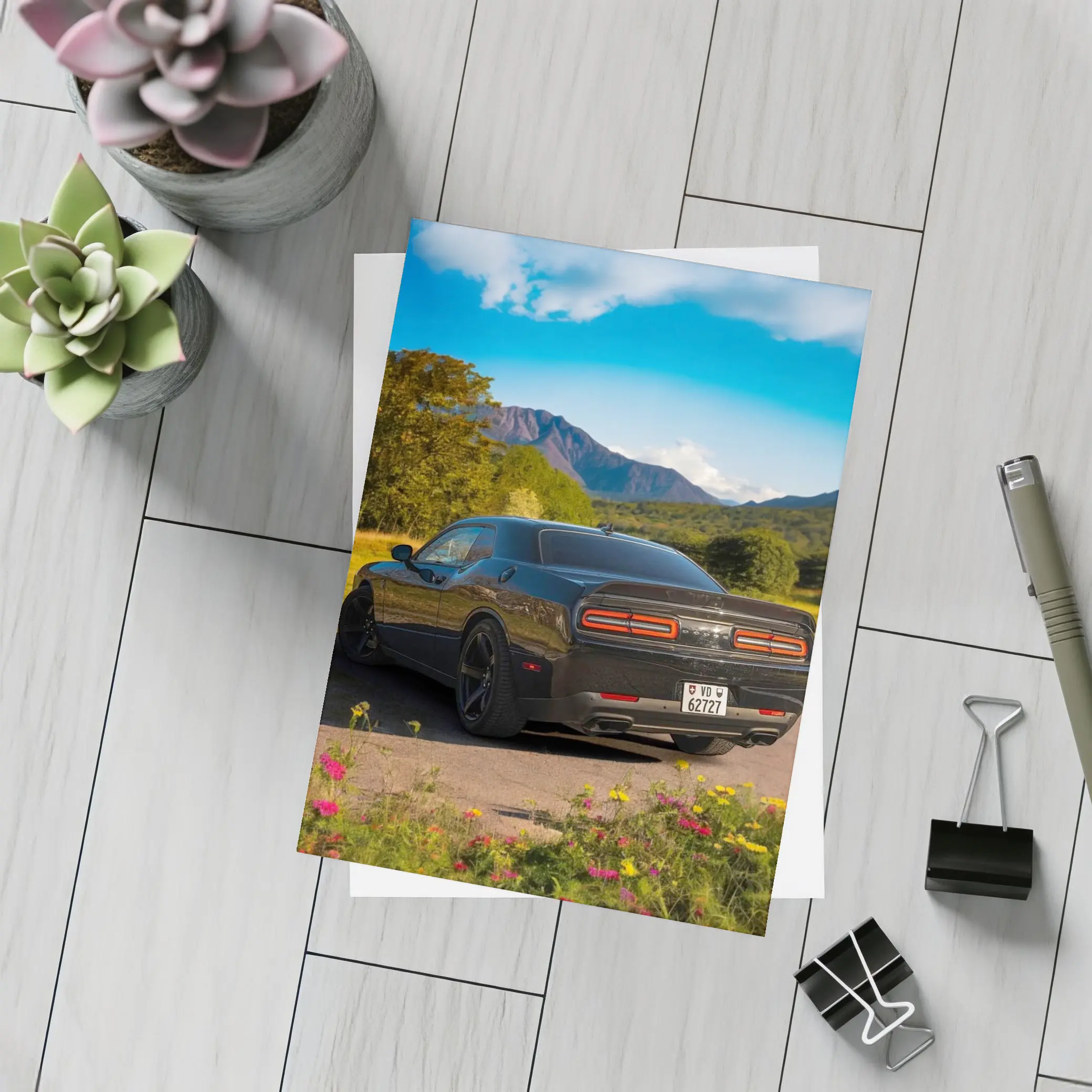 Dodge Challenger Black Rear Mountain Landscape – Postcards