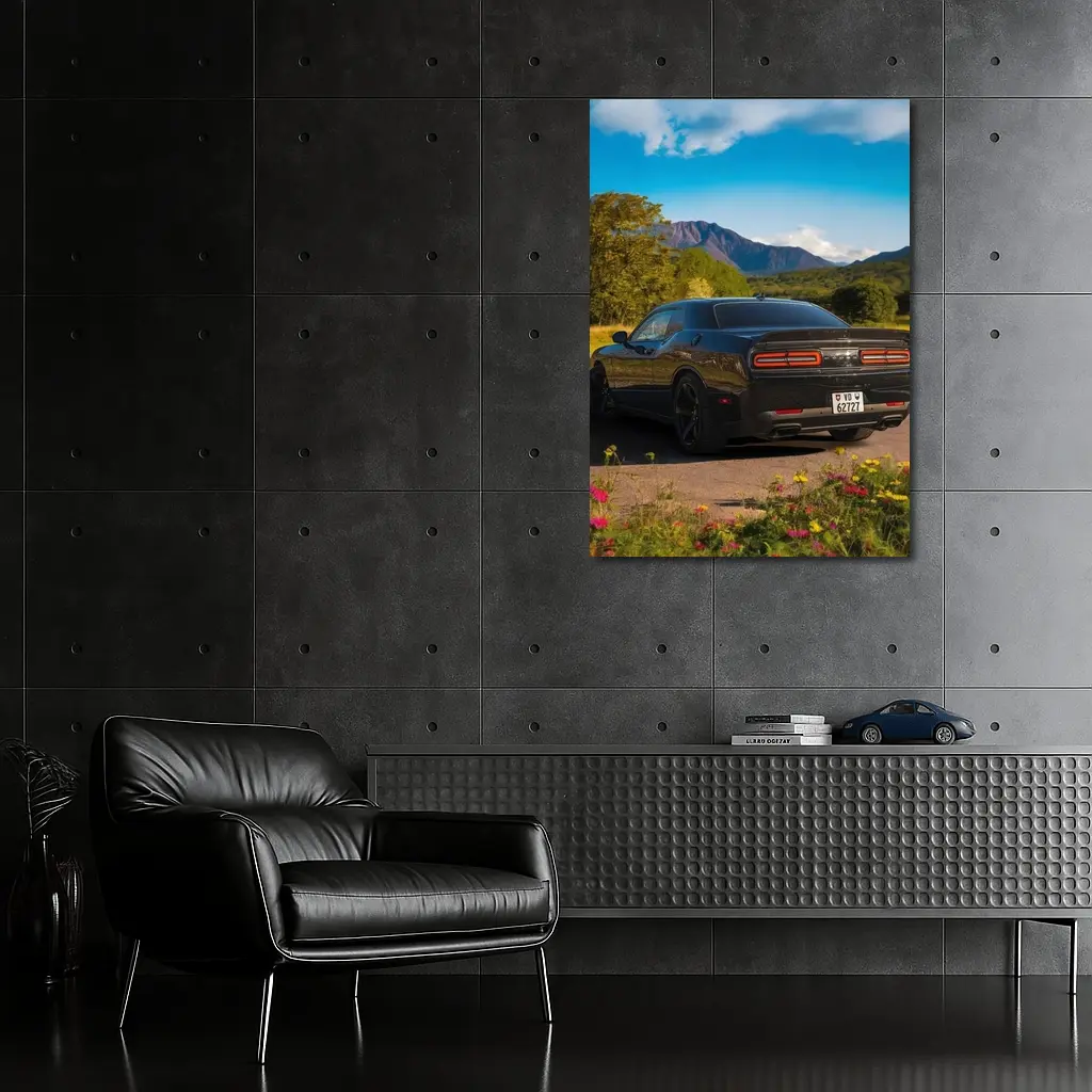 Dodge Challenger Black Rear Mountain Landscape – Wall Art