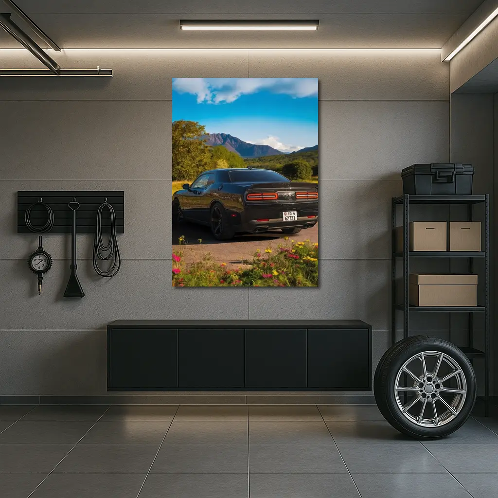 Dodge Challenger Black Rear Mountain Landscape – Wall Art