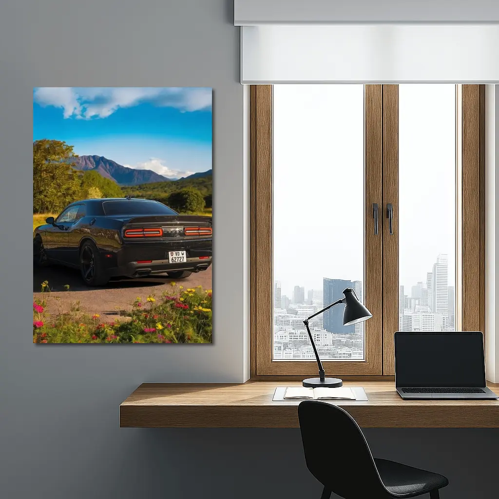 Dodge Challenger Black Rear Mountain Landscape – Wall Art