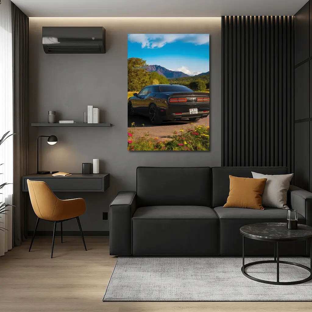 Dodge Challenger Black Rear Mountain Landscape – Wall Art