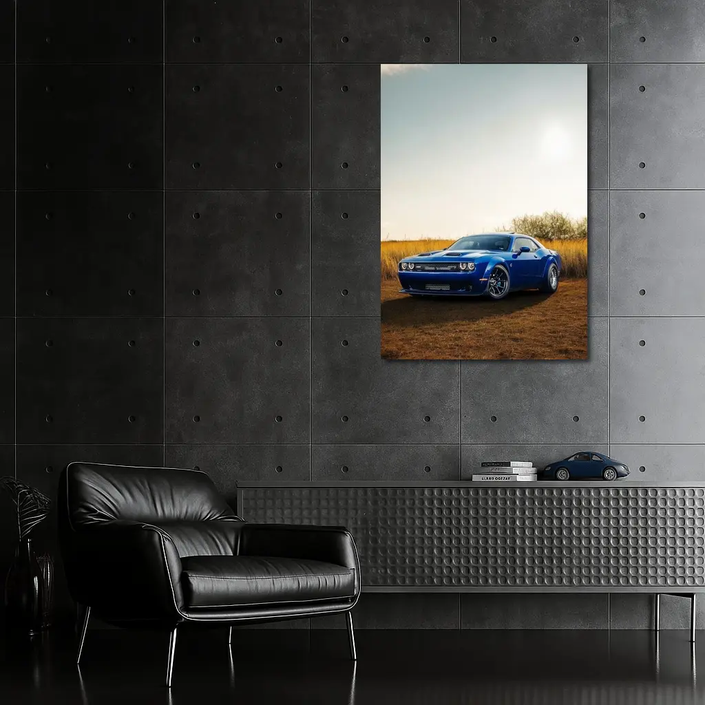 Dodge Challenger Blue Muscle Car Golden Field – Wall Art