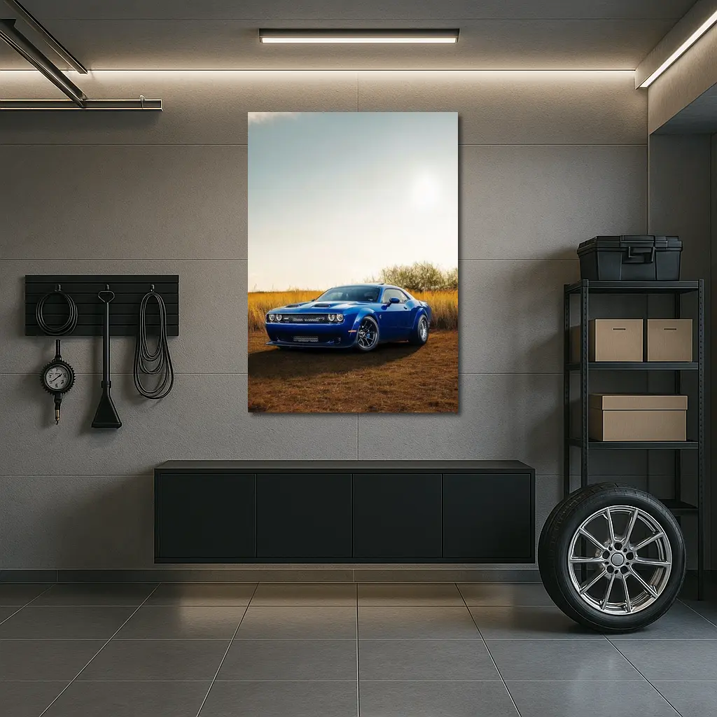 Dodge Challenger Blue Muscle Car Golden Field – Wall Art