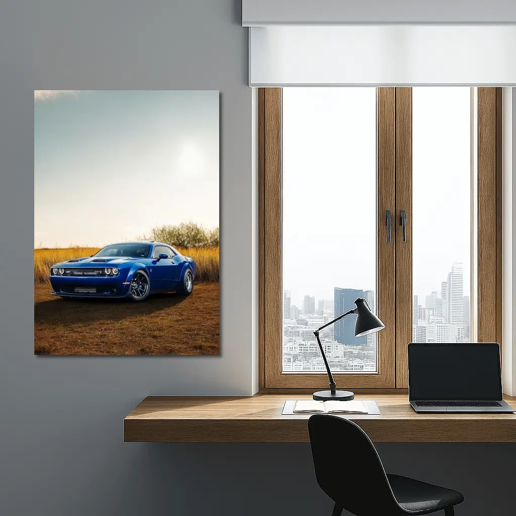 Dodge Challenger Blue Muscle Car Golden Field – Wall Art