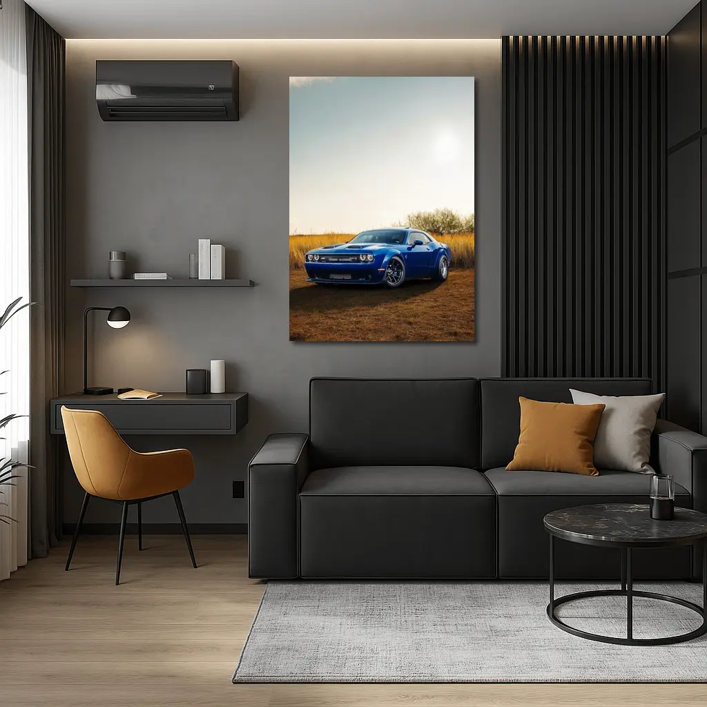 Dodge Challenger Blue Muscle Car Golden Field – Wall Art