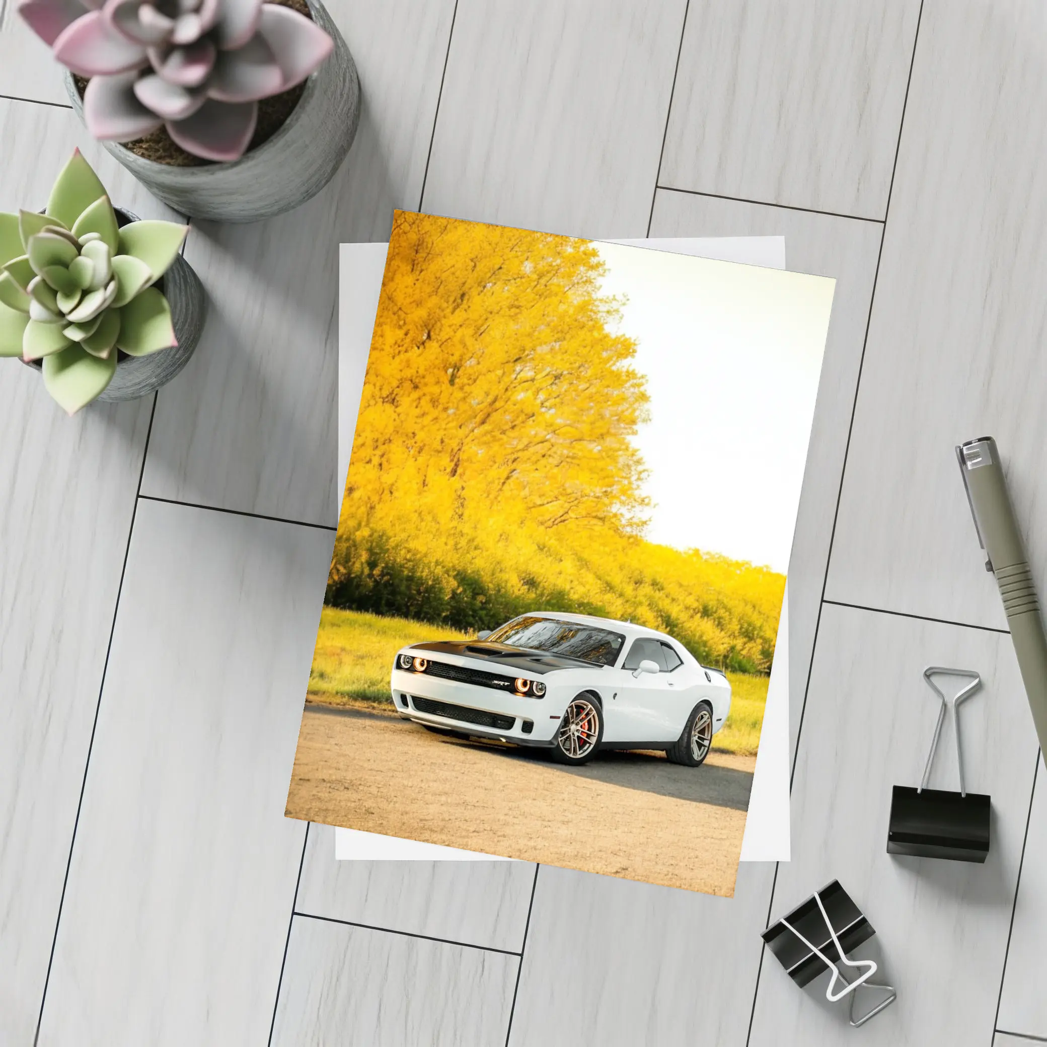 Dodge Challenger SRT White Autumn Yellow Trees – Postcards