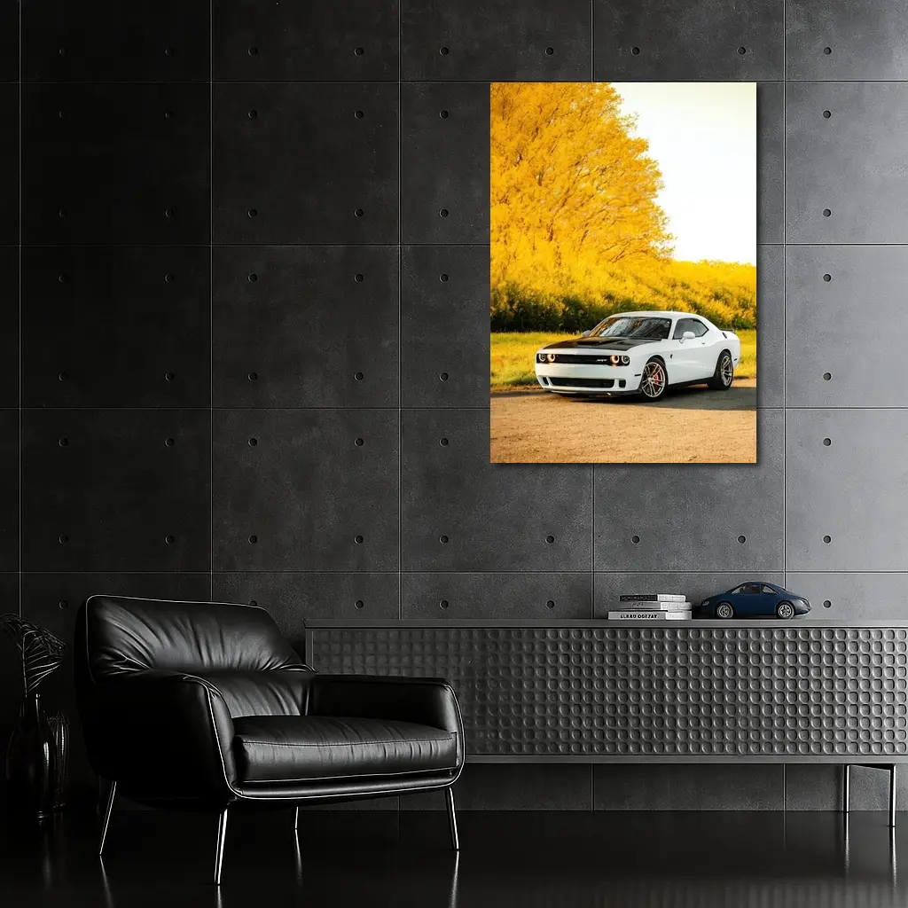 Dodge Challenger SRT White Autumn Yellow Trees – Wall Art
