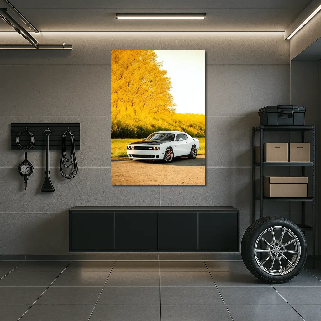 Dodge Challenger SRT White Autumn Yellow Trees – Wall Art