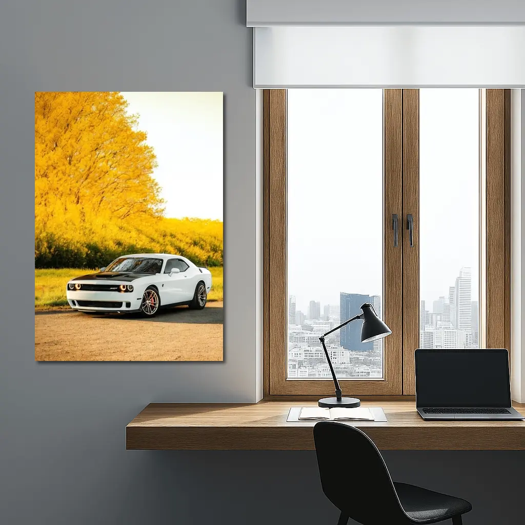 Dodge Challenger SRT White Autumn Yellow Trees – Wall Art