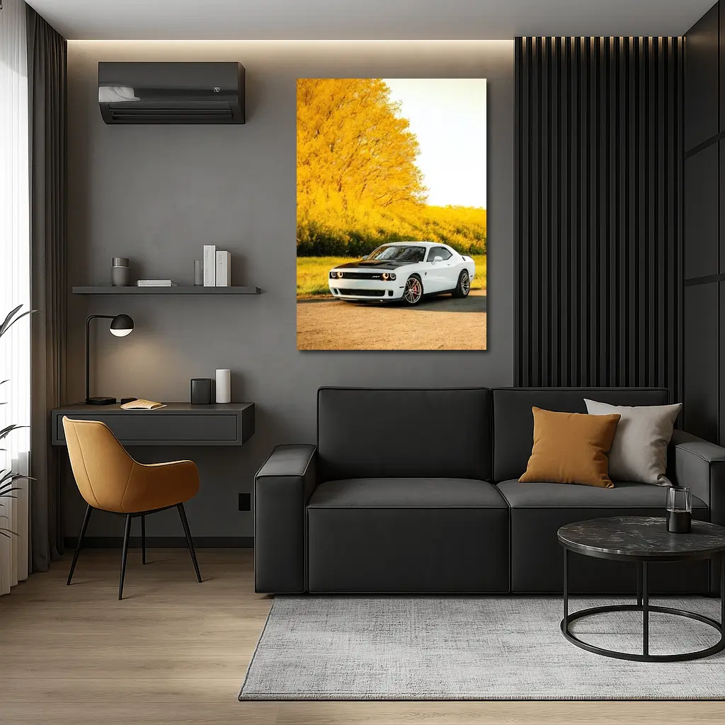 Dodge Challenger SRT White Autumn Yellow Trees – Wall Art