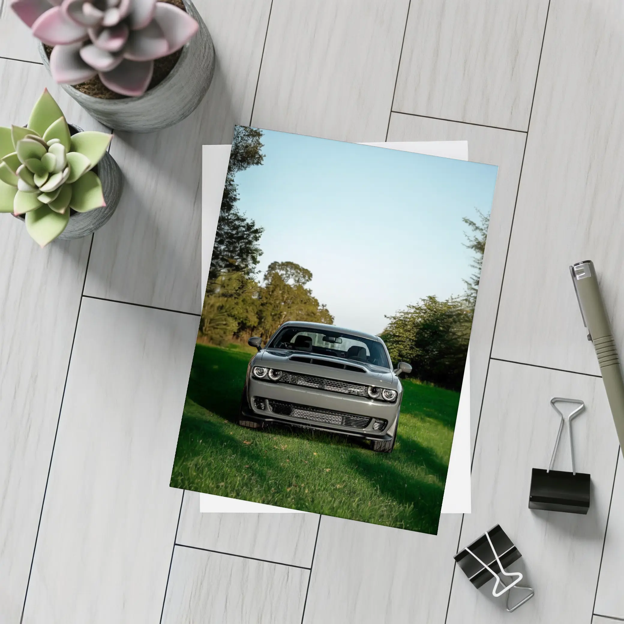 Dodge Challenger Parked on Green Grass – Postcards