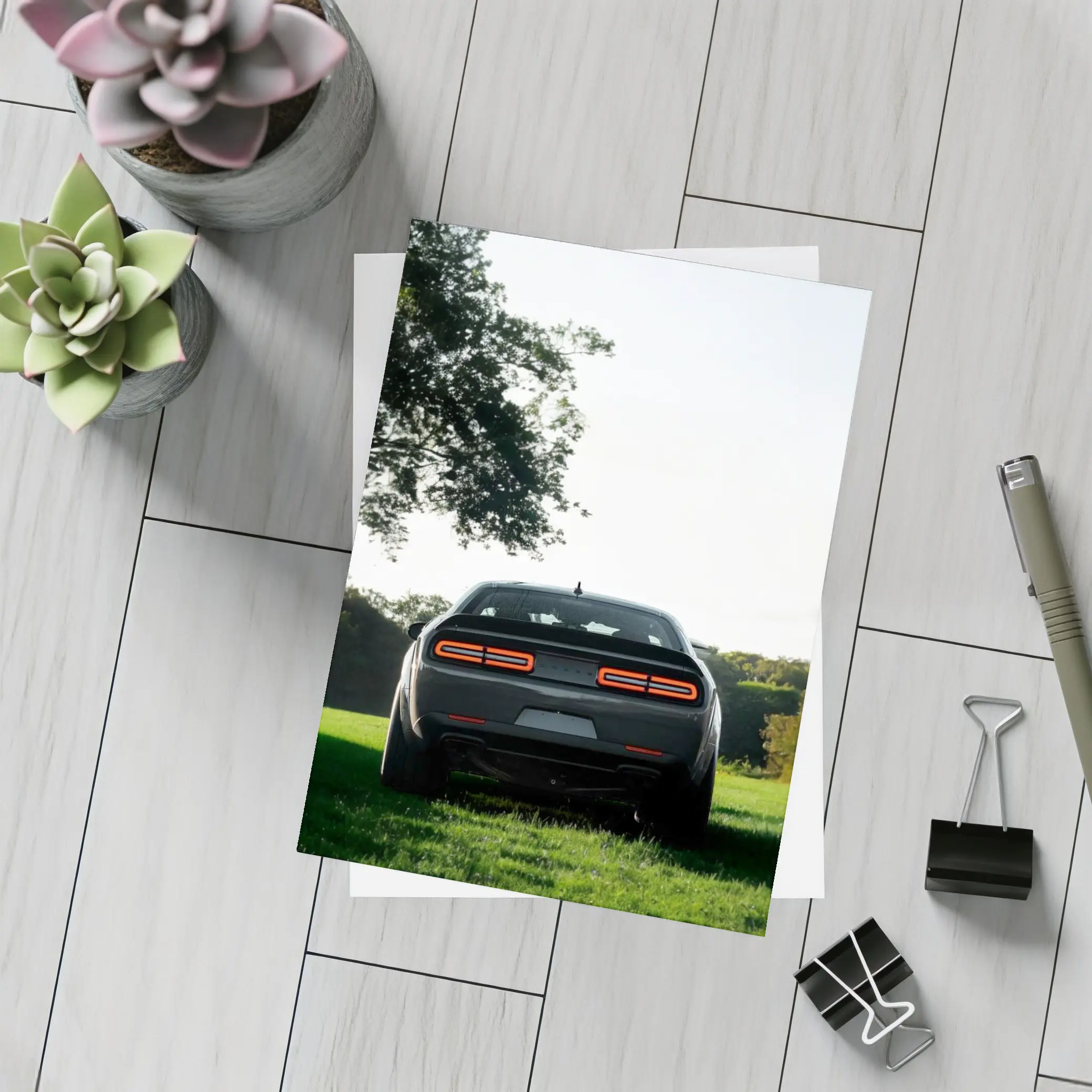 Dodge Challenger Rear View Green Field – Postcards