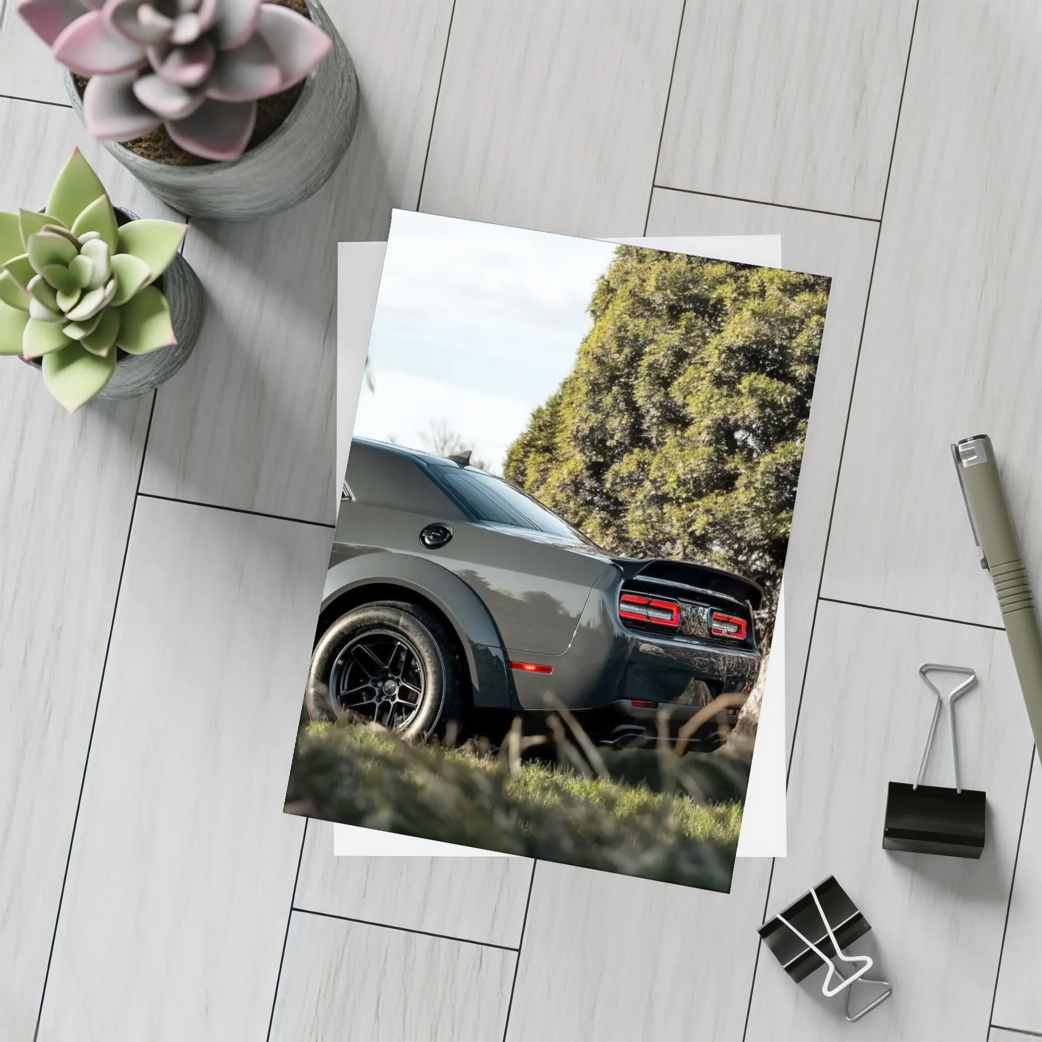 Dodge Challenger Rear View Green Trees – Postcards