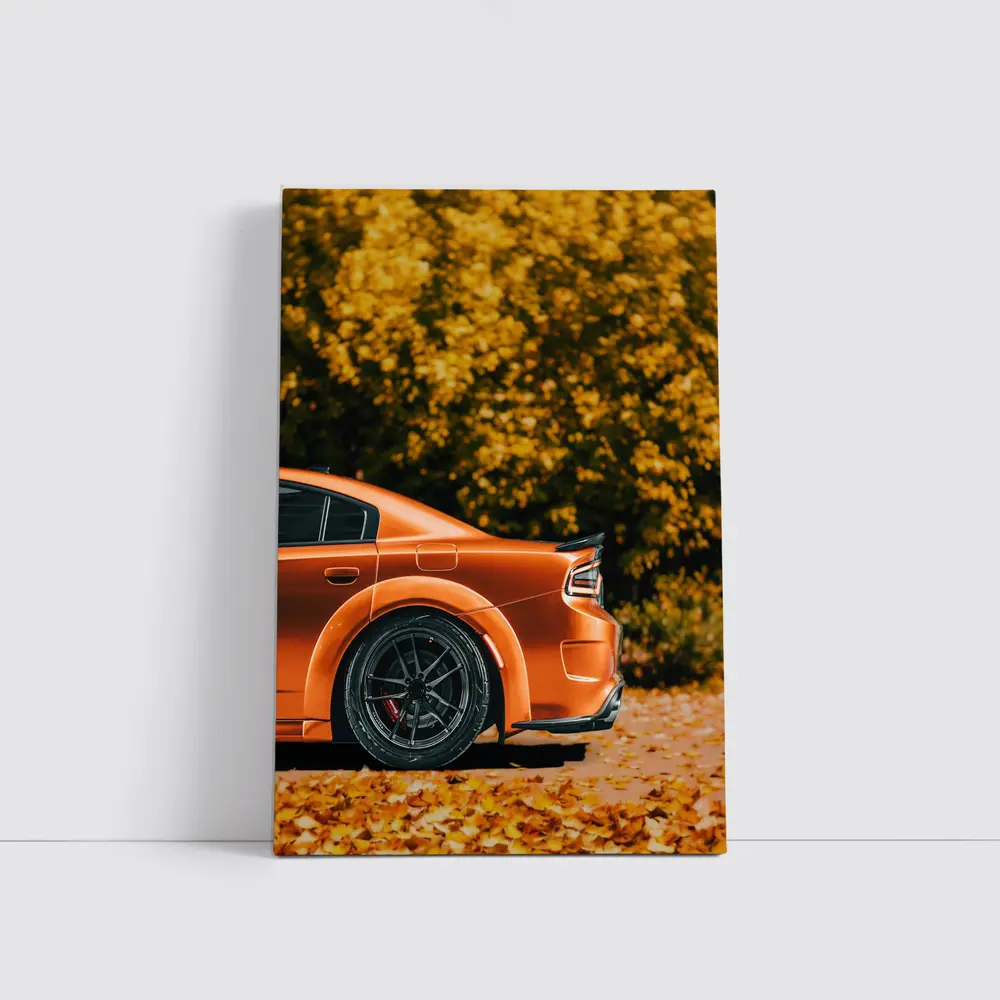 Dodge Charger Orange Car Autumn Leaves Background – Wall Art