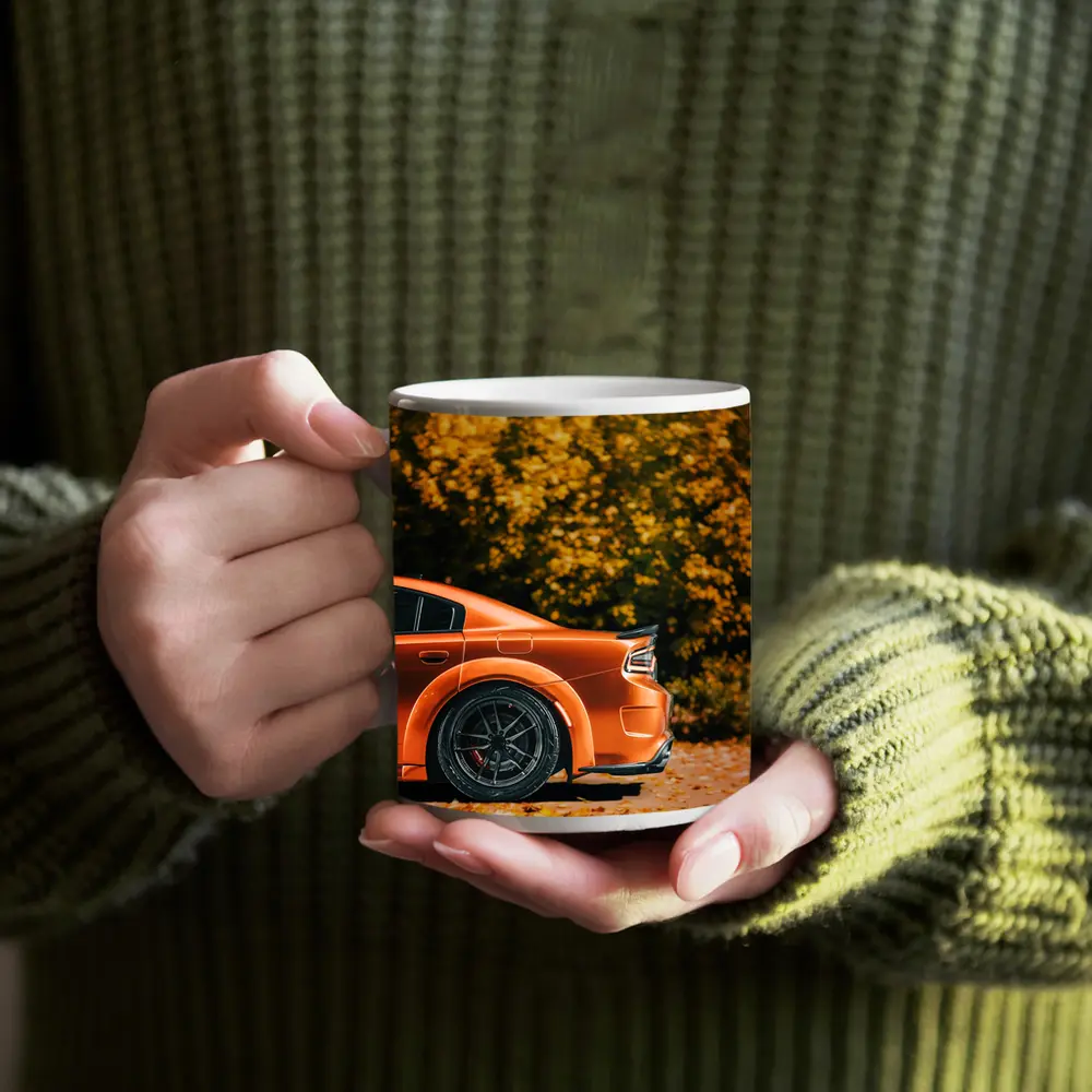 Dodge Charger Orange Car Autumn Leaves Background – Mugs
