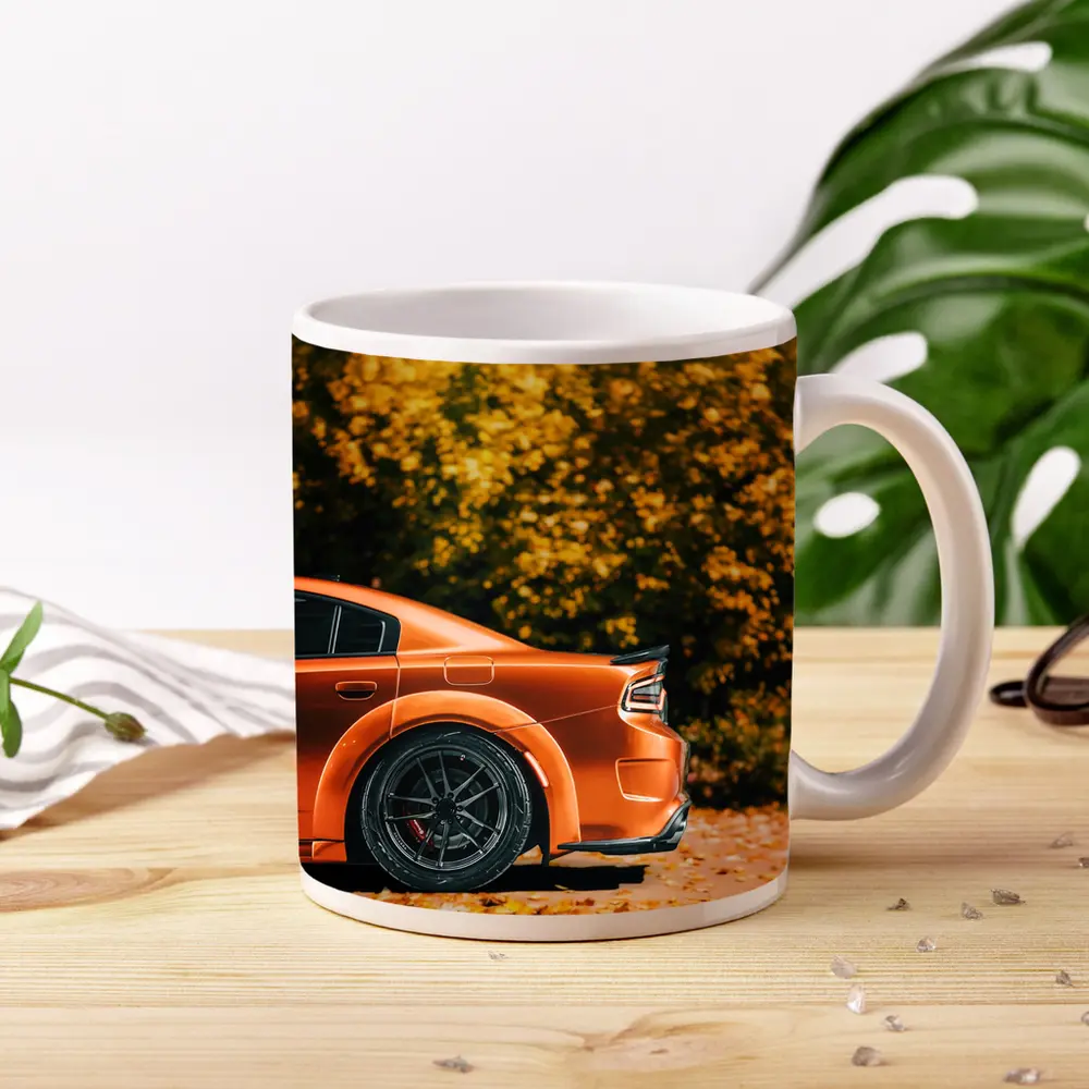 Dodge Charger Orange Car Autumn Leaves Background – Mugs