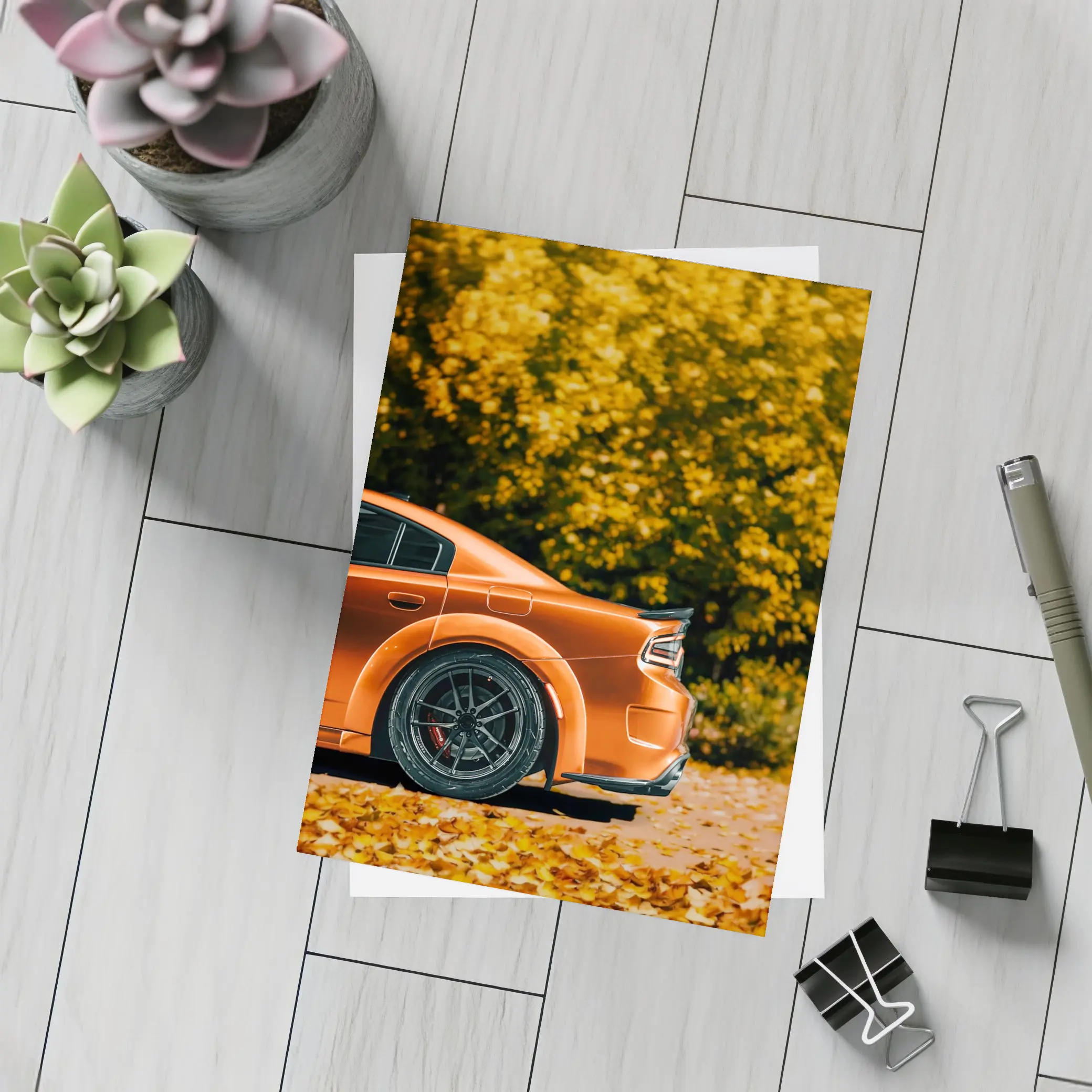 Dodge Charger Orange Car Autumn Leaves Background – Postcards