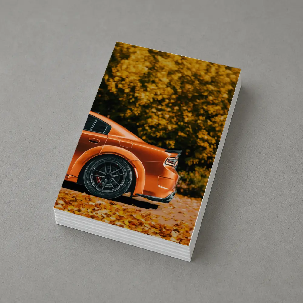 Dodge Charger Orange Car Autumn Leaves Background – Postcards