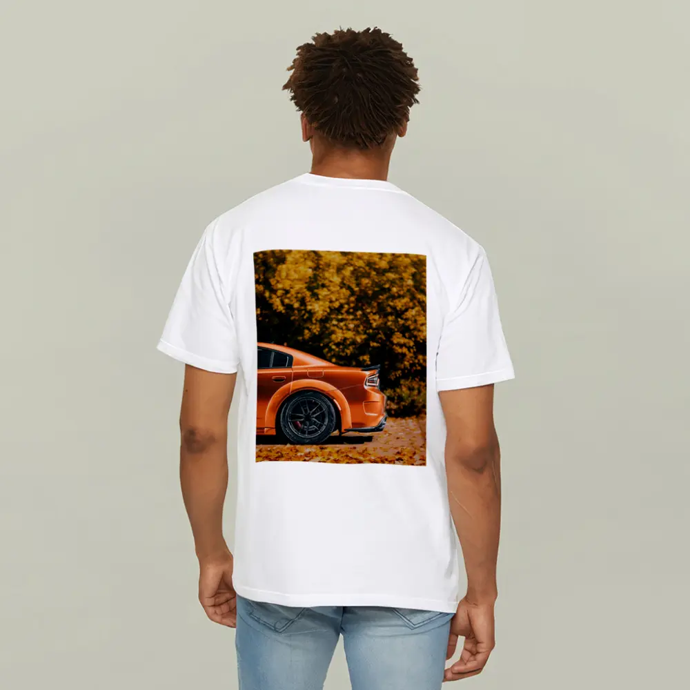 Dodge Charger Orange Car Autumn Leaves Background – T-Shirts