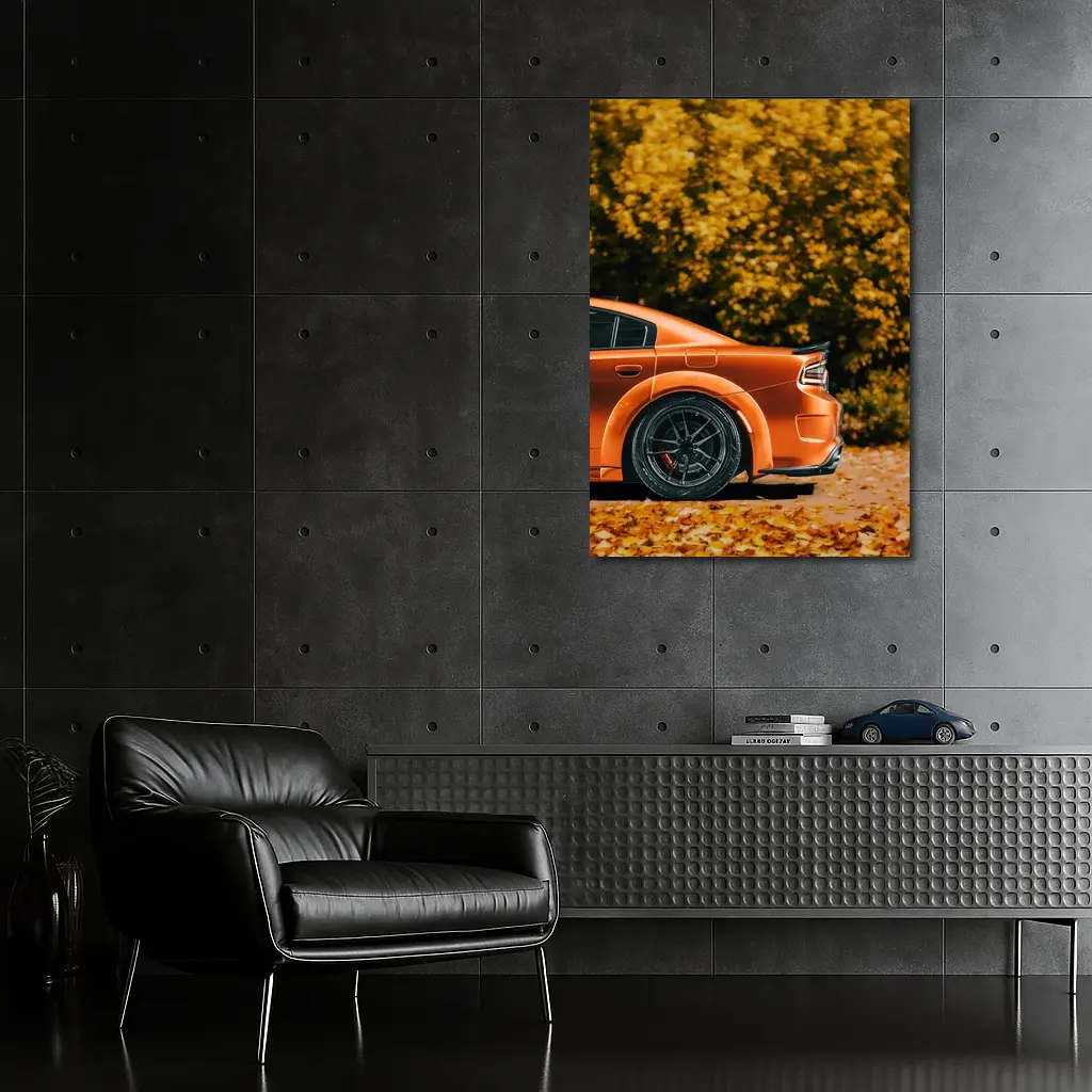 Dodge Charger Orange Car Autumn Leaves Background – Wall Art