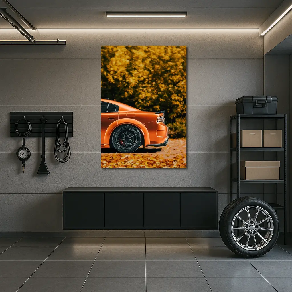 Dodge Charger Orange Car Autumn Leaves Background – Wall Art