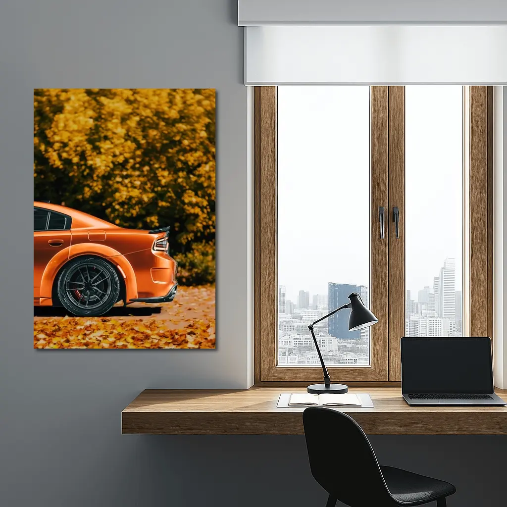 Dodge Charger Orange Car Autumn Leaves Background – Wall Art