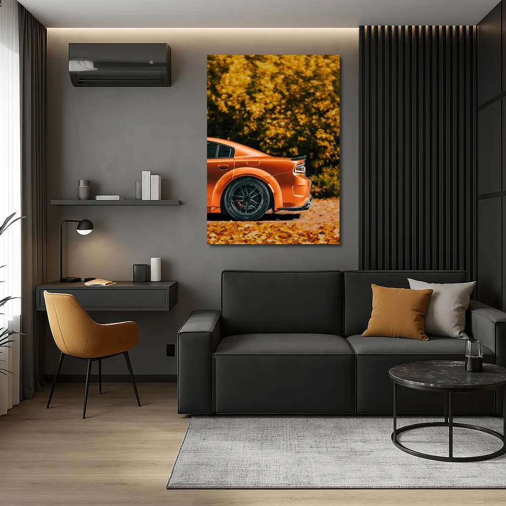 Dodge Charger Orange Car Autumn Leaves Background – Wall Art