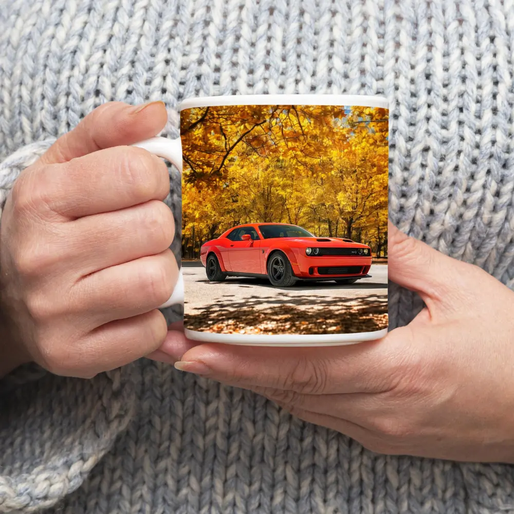 Dodge Challenger Red Muscle Car Autumn Park – Mugs