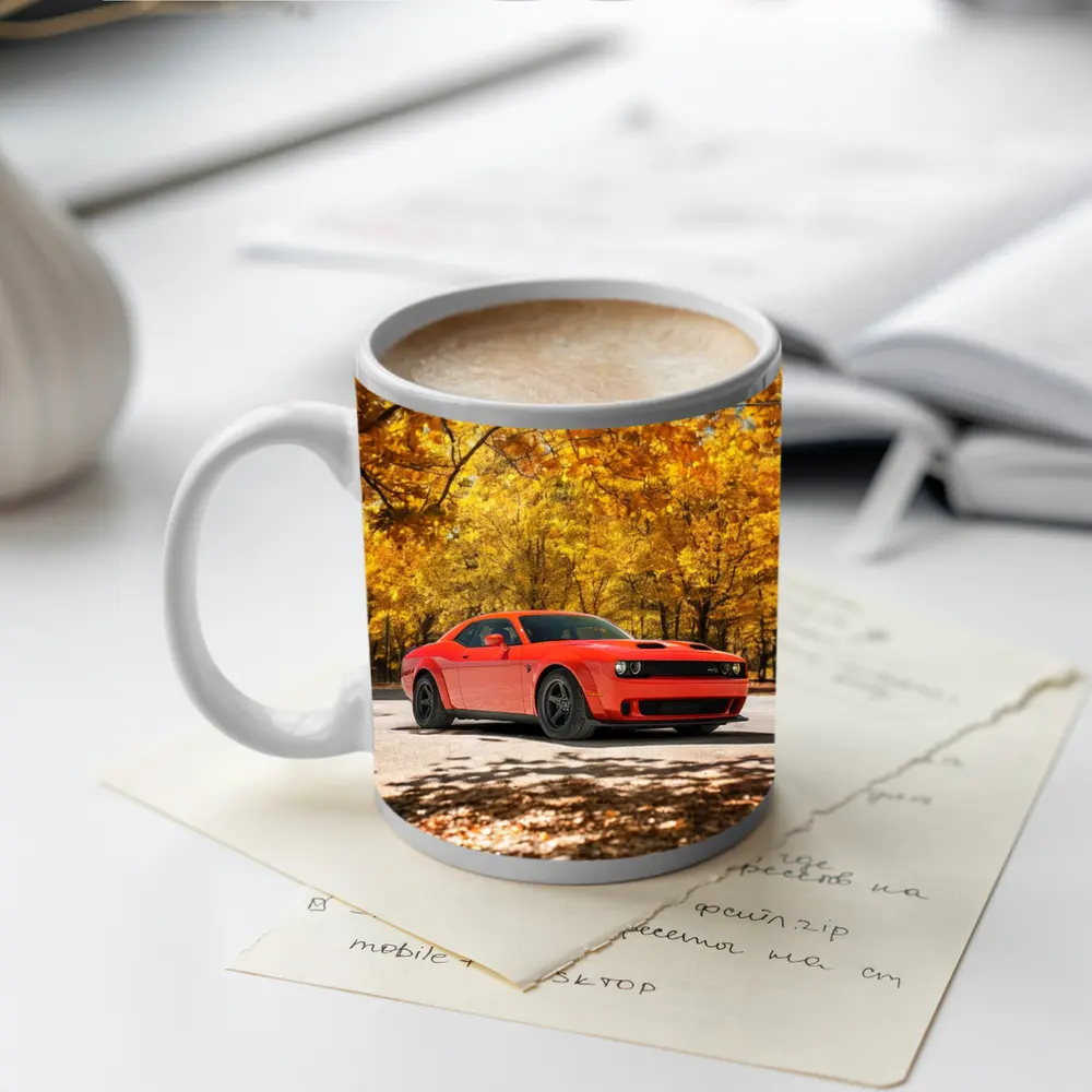 Dodge Challenger Red Muscle Car Autumn Park – Mugs