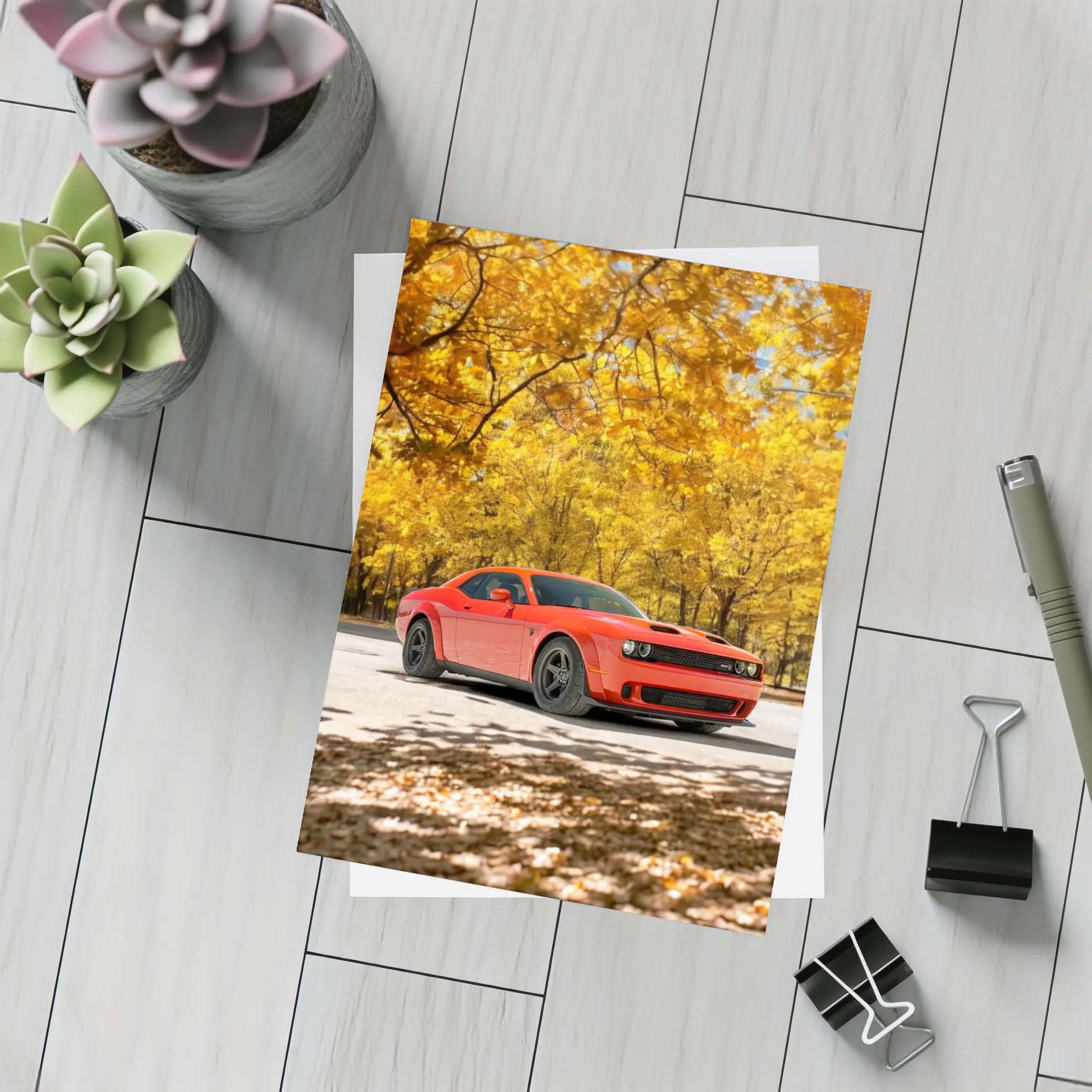 Dodge Challenger Red Muscle Car Autumn Park – Postcards