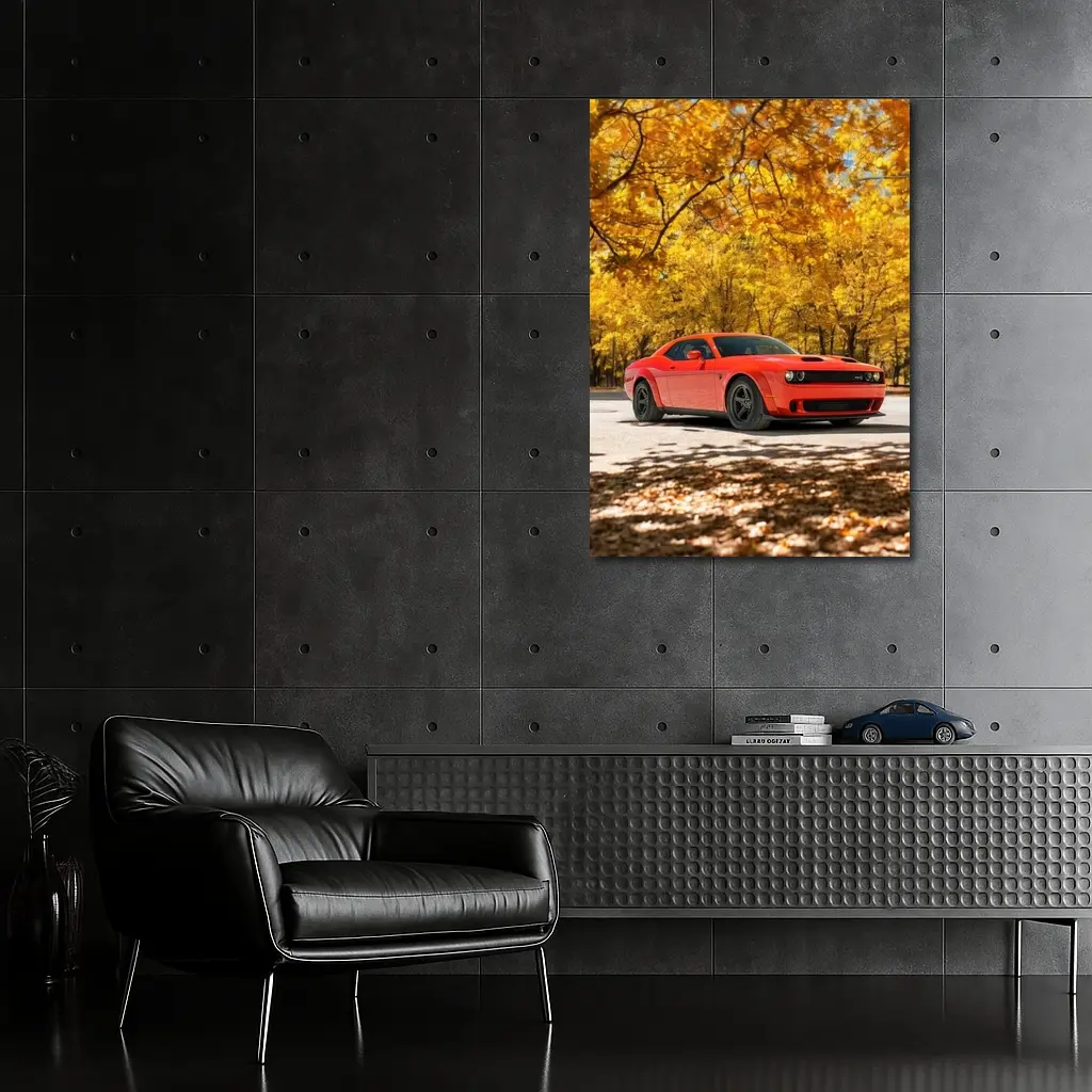 Dodge Challenger Red Muscle Car Autumn Park – Wall Art