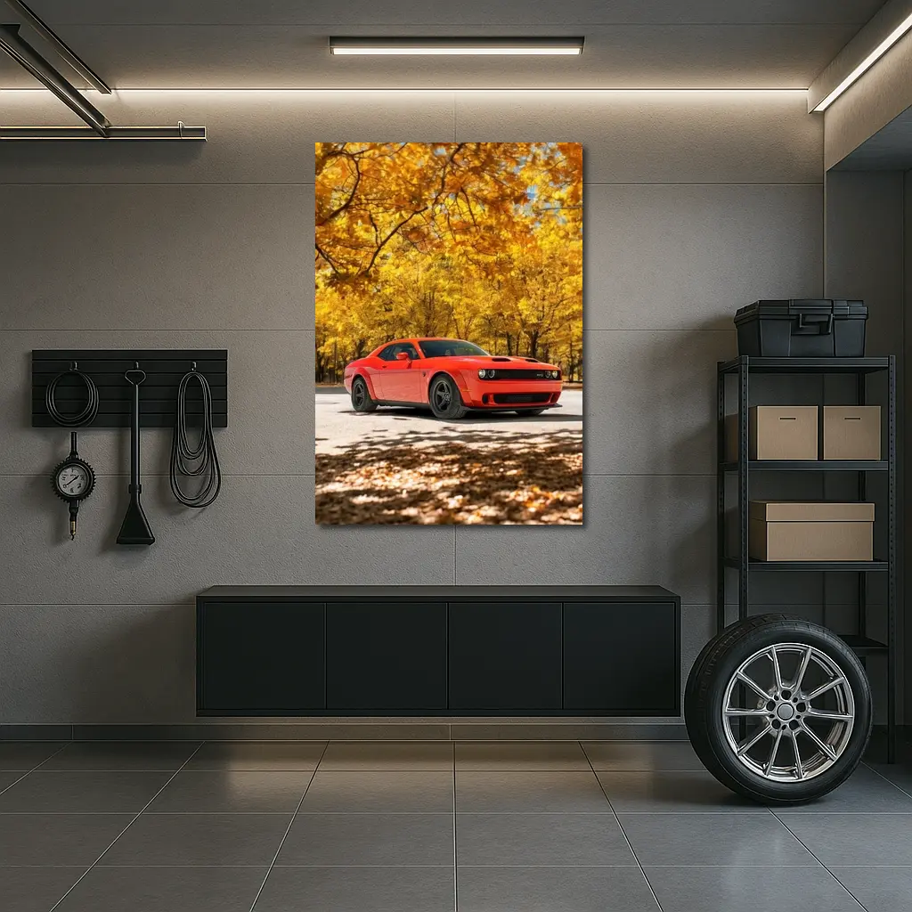 Dodge Challenger Red Muscle Car Autumn Park – Wall Art