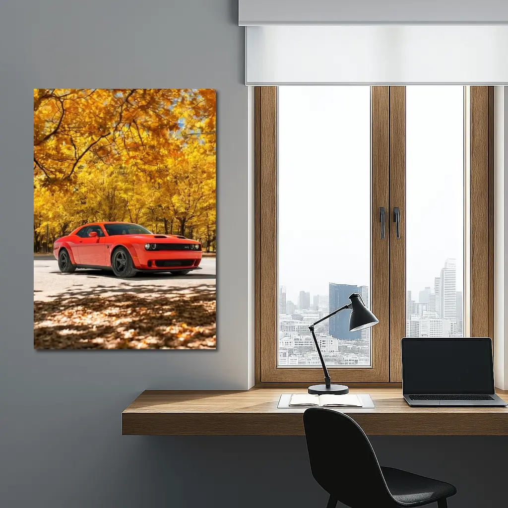 Dodge Challenger Red Muscle Car Autumn Park – Wall Art