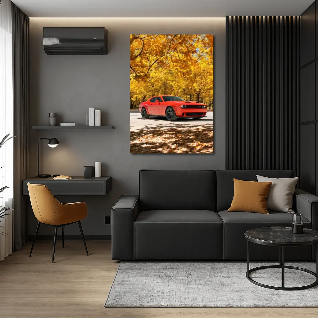 Dodge Challenger Red Muscle Car Autumn Park – Wall Art