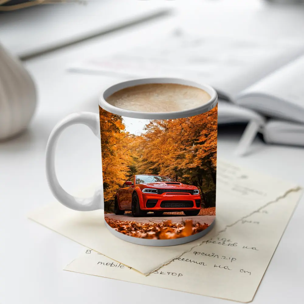 Dodge Charger Orange Muscle Car Autumn Forest – Mugs