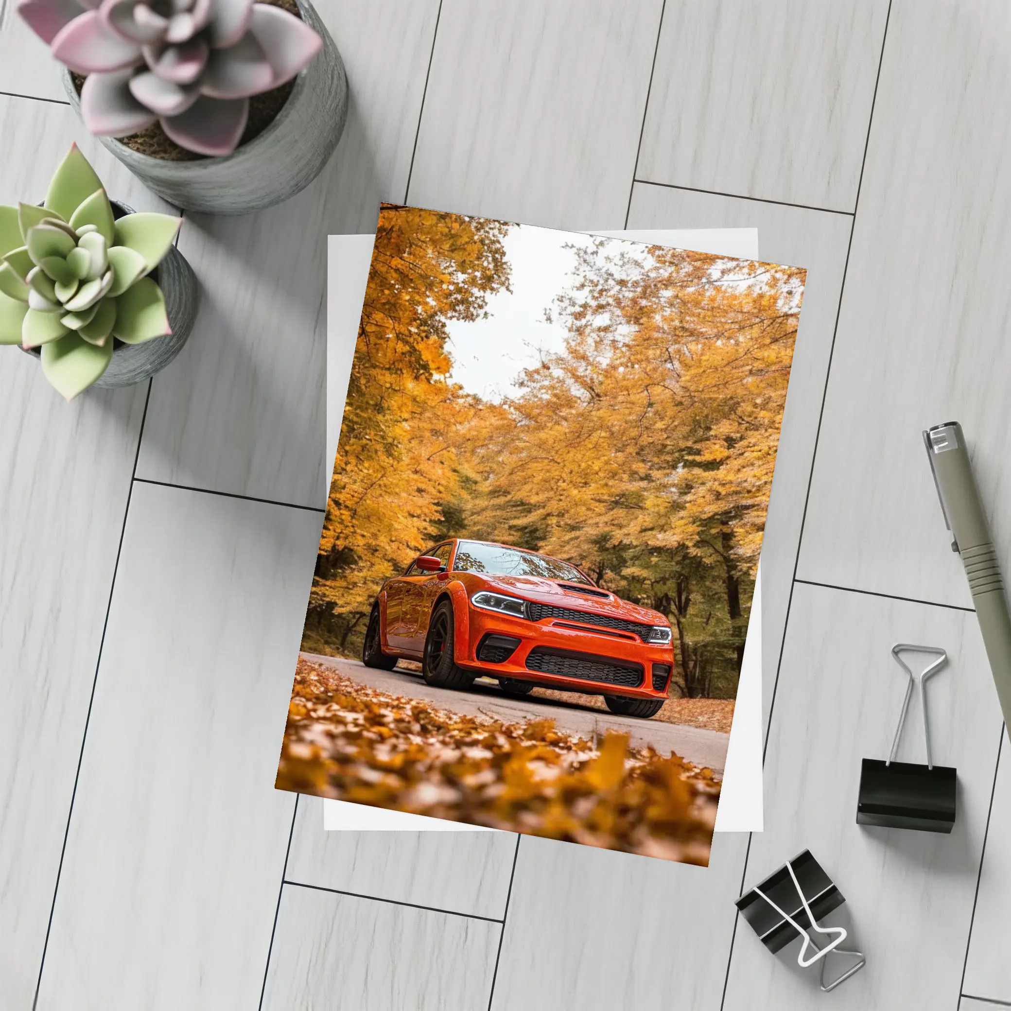 Dodge Charger Orange Muscle Car Autumn Forest – Postcards