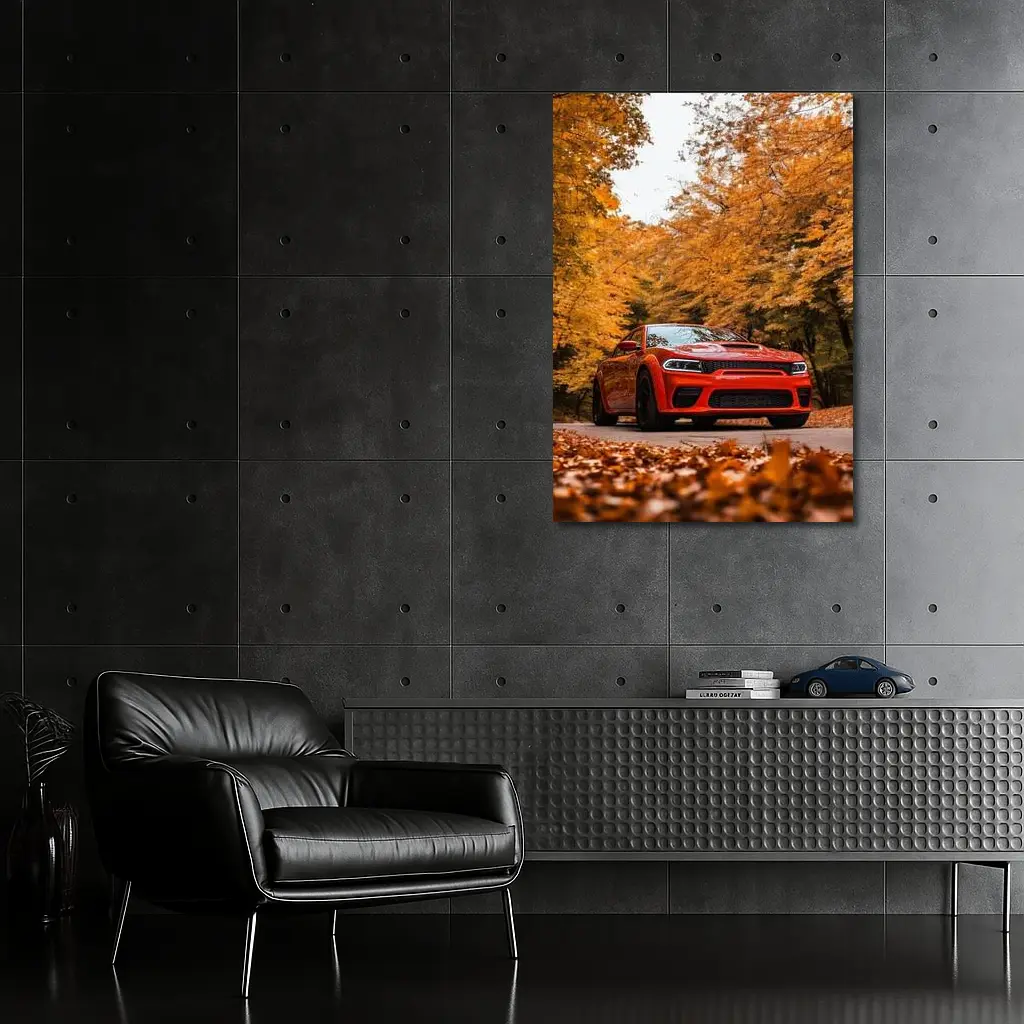 Dodge Charger Orange Muscle Car Autumn Forest – Wall Art