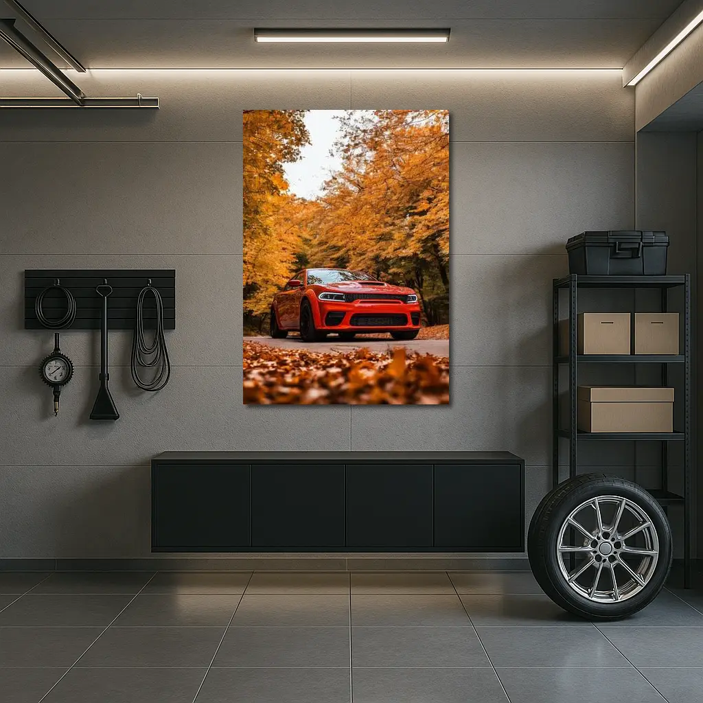 Dodge Charger Orange Muscle Car Autumn Forest – Wall Art