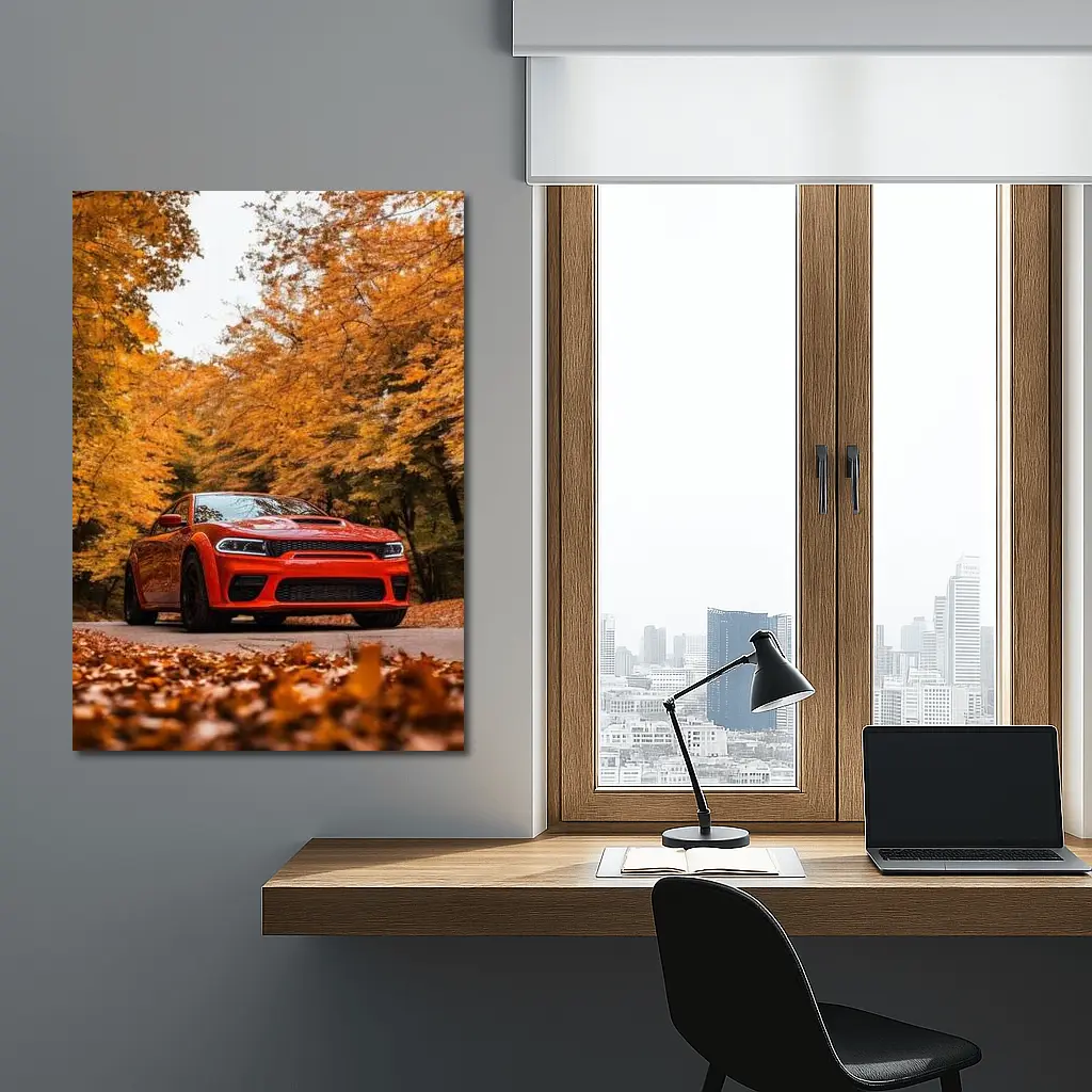 Dodge Charger Orange Muscle Car Autumn Forest – Wall Art