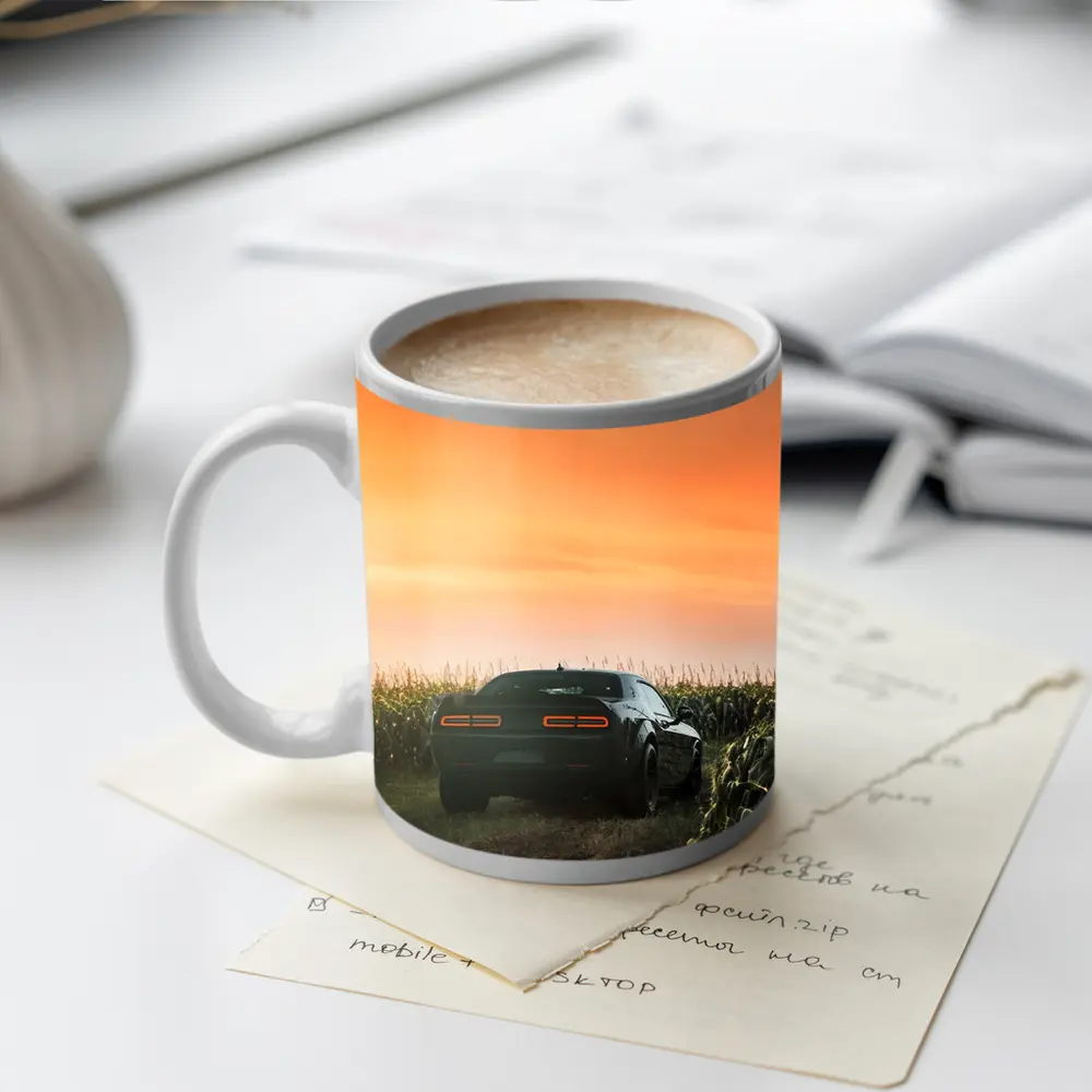 Dodge Challenger Black Muscle Car Cornfield Sunset – Mugs