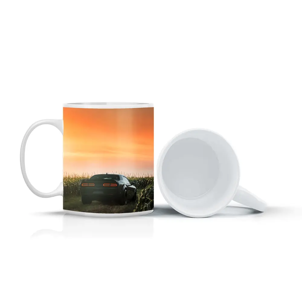 Dodge Challenger Black Muscle Car Cornfield Sunset – Mugs