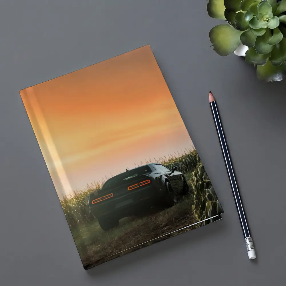 Dodge Challenger Black Muscle Car Cornfield Sunset – Notebooks