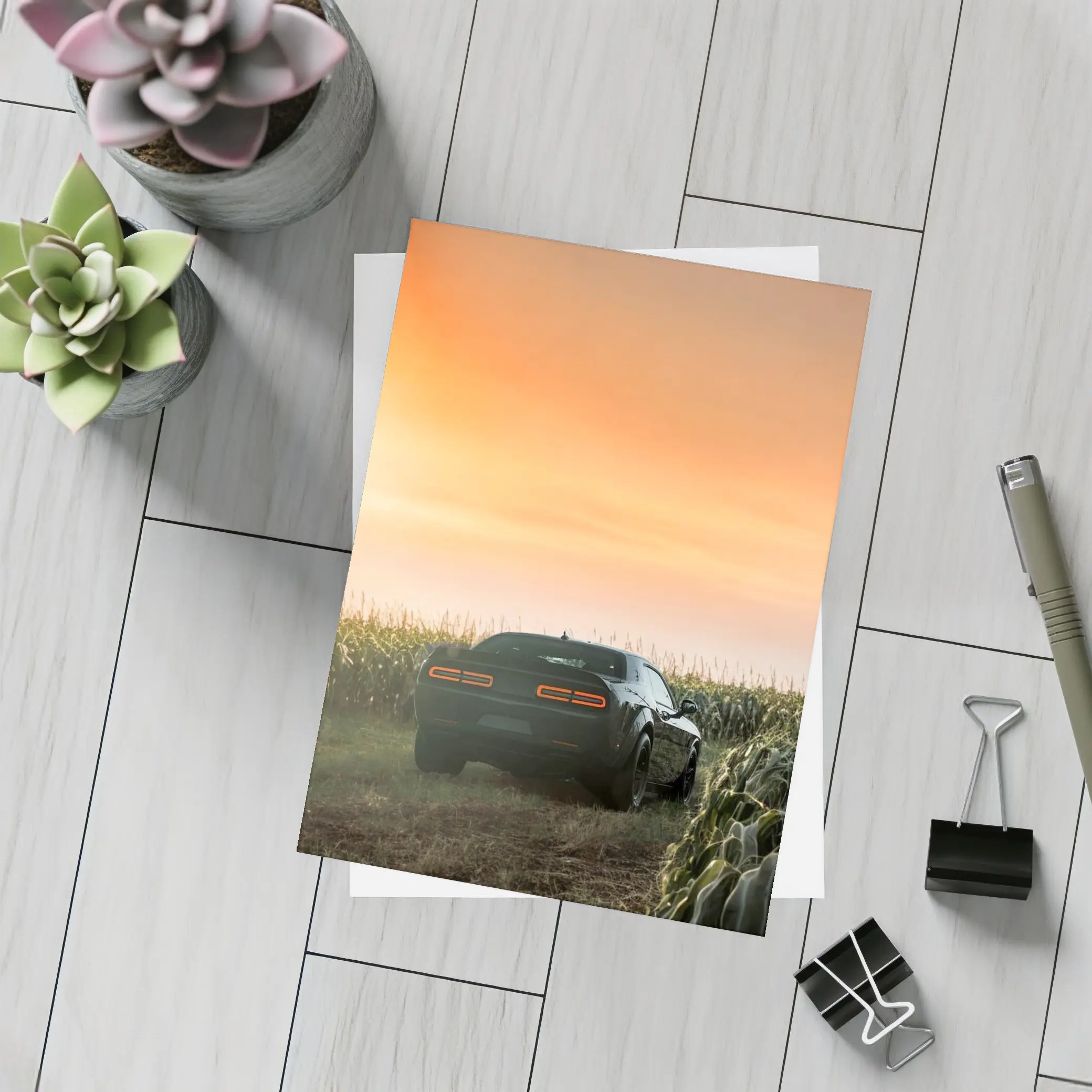 Dodge Challenger Black Muscle Car Cornfield Sunset – Postcards
