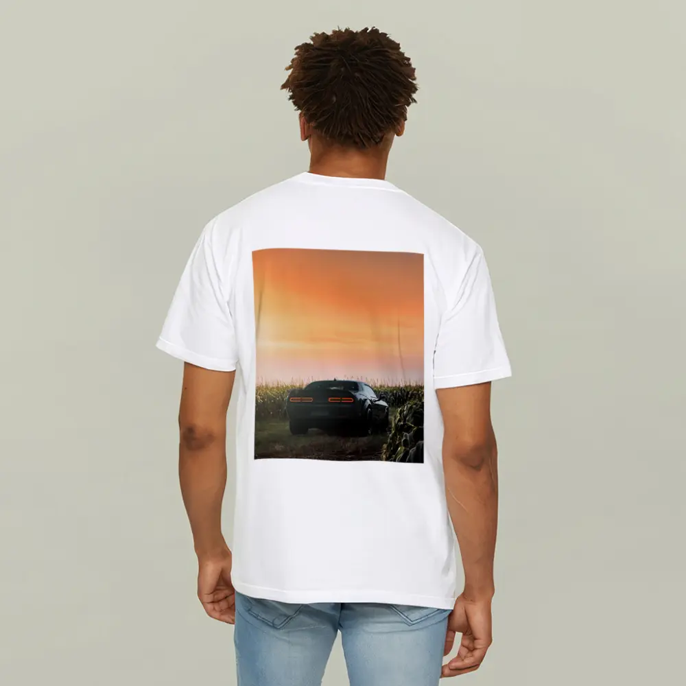 Dodge Challenger Black Muscle Car Cornfield Sunset – T-Shirts