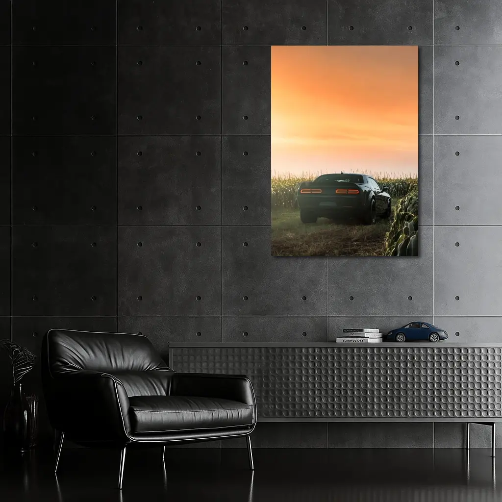 Dodge Challenger Black Muscle Car Cornfield Sunset – Wall Art