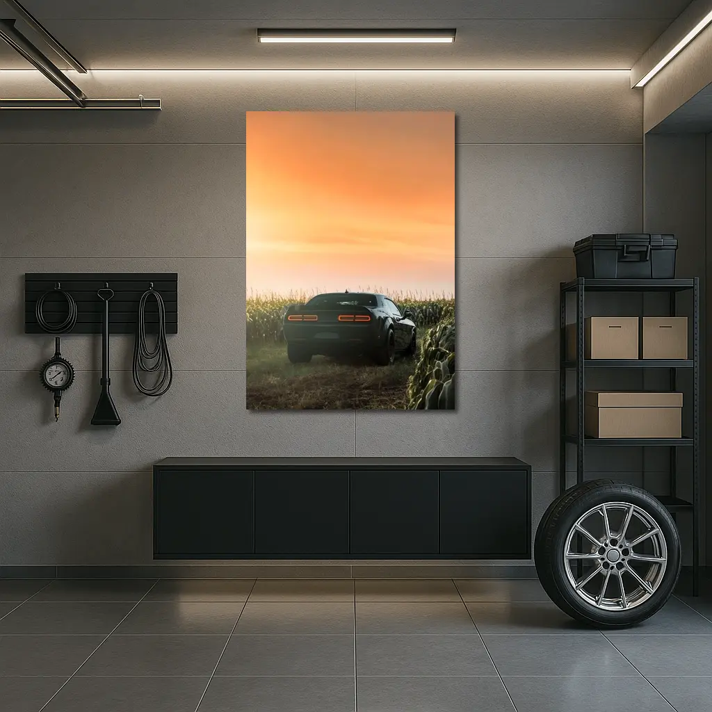 Dodge Challenger Black Muscle Car Cornfield Sunset – Wall Art