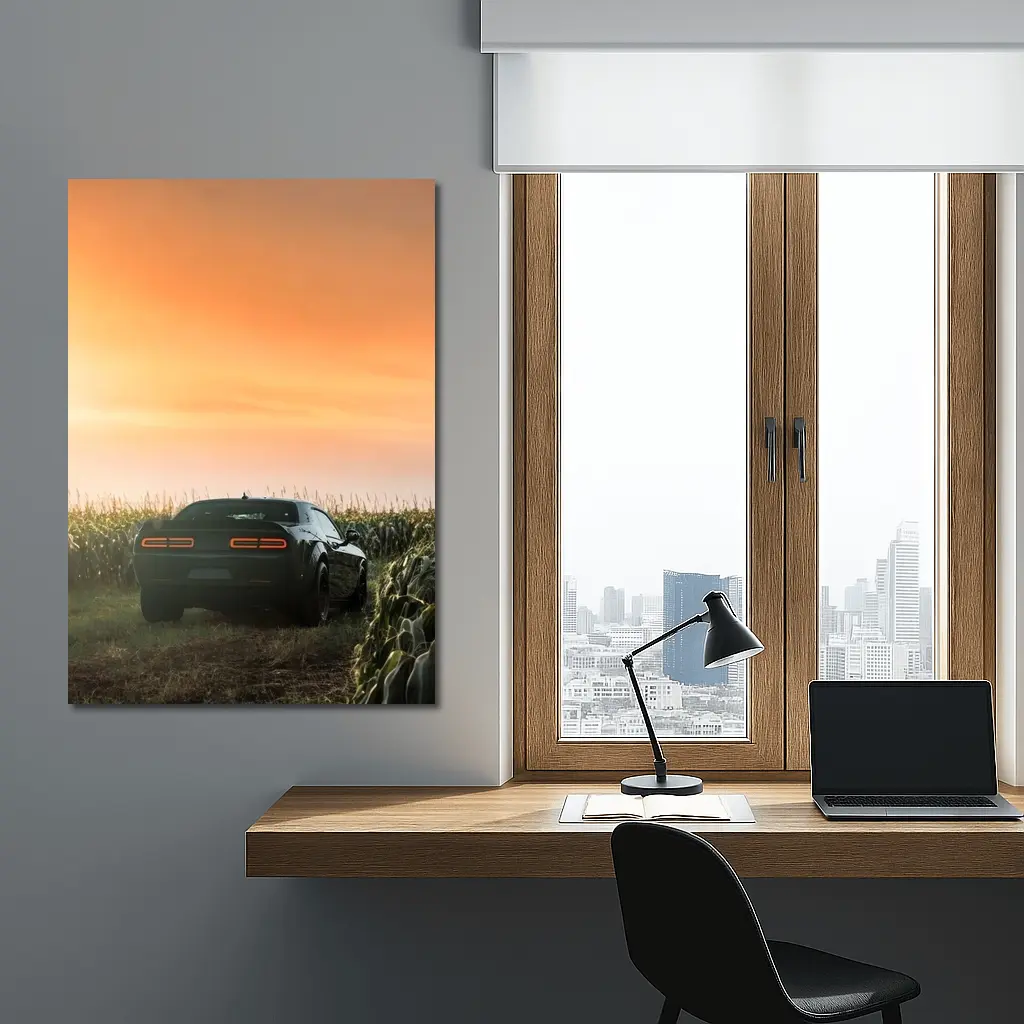 Dodge Challenger Black Muscle Car Cornfield Sunset – Wall Art